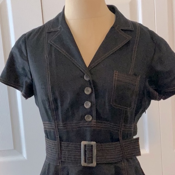 Talbots- Black Linen Shirtwaist Dress- Belt- Short Sleeves- Full Skirt-8P - Picture 2 of 11
